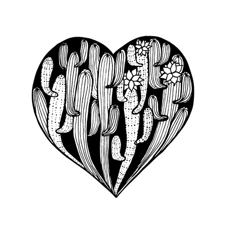 Vector hand dawn heart from cactus. Cacti coloring page book anti stress for adult. Card for Valentine dayのイラスト素材