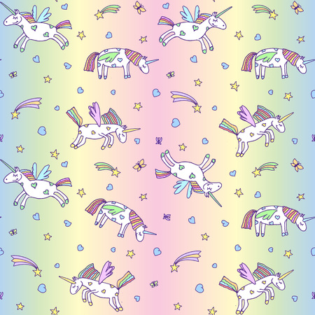 Vector illustration of seamless pattern from cute unicorns on pastel rainbow background. Cartoon Pegasus textureのイラスト素材