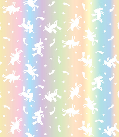Vector seamless pattern of white unicorns on pastel rainbow background. Cartoon unicorn textureのイラスト素材