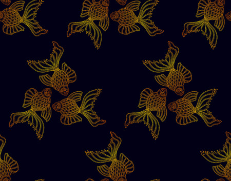 Vector seamless pattern from golden goldfish on dark background. Fish backgroundのイラスト素材