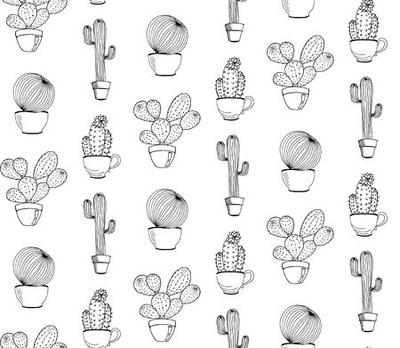 Vector cactus flower background. Seamless pattern with cactus in pot. Cartoon hand drawn cactus.