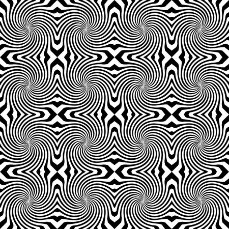 Vector sunburst seamless pattern with swirl and geometric wave. Abstract black seamless pattern on white backgroundのイラスト素材
