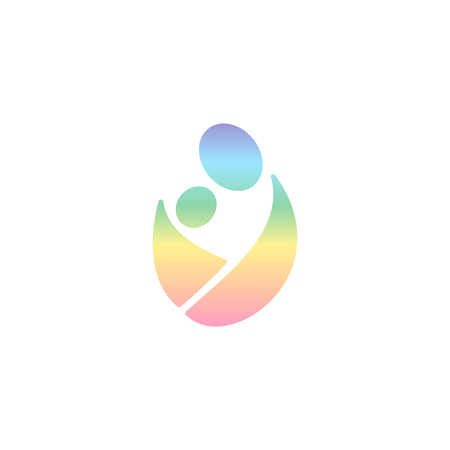 Vector logo wearing baby in sling. Rainbow logotype man hugging child. Sling, parenthood and breastfeeding logotypeのイラスト素材