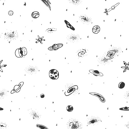 Vector seamless pattern of hand drawn doodle space object on white backgroundのイラスト素材