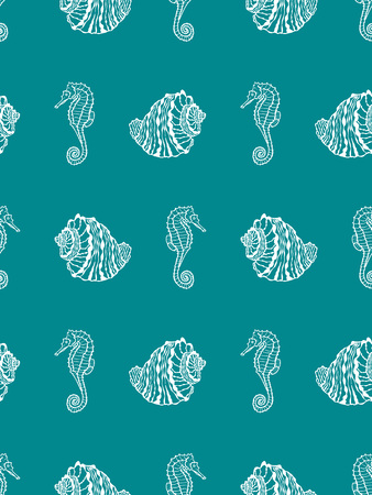 Vector seamless pattern from white seashell and seahorse on aquamarine background. Hand drawn sea shell and seahorseのイラスト素材