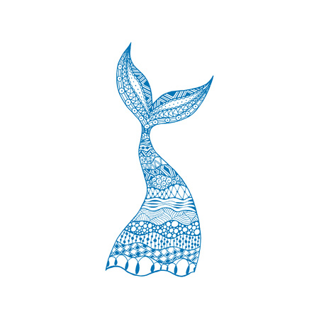 Vector hand drawn ornamental mermaid and whale tail. Blue mermaid tail on white background.のイラスト素材