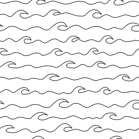 Vector illustration with stylized linear sea wave. Seamless pattern of black sea waves on white backgroundのイラスト素材
