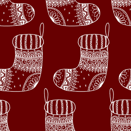 Vector seamless pattern of Christmas decorative symbol - sock. Christmas decorative texture of white stocking on red backgroundのイラスト素材