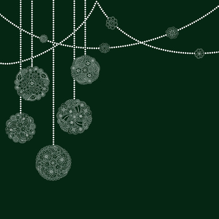 Vector decorative Christmas greeting card with white tree ball toy from floral doodle elements on dark green background. Christmas invitation card with garlandのイラスト素材