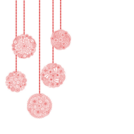Vector decorative Christmas card with red tree ball toy from floral doodle elements on white background. Christmas invitation cardのイラスト素材