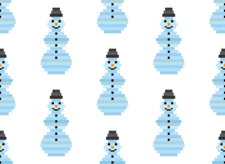 Vector seamless pattern of pixel art snowman on white background. Christmas background, greeting winter textureのイラスト素材
