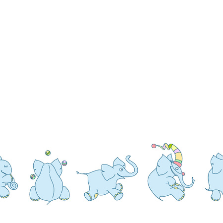 Vector seamless border of cute cartoon elephants on white background. Funny elephant-juggler and elephant-clownのイラスト素材
