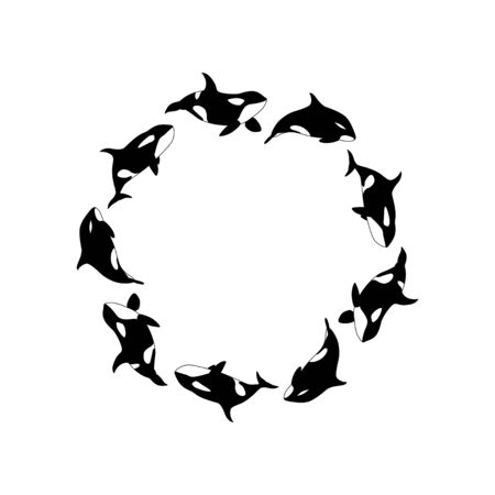 Vector illustration killer whales swimming in a circle. Marine animal Orca round frame on white backgroundのイラスト素材