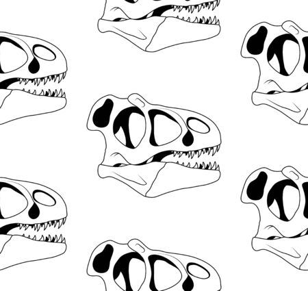 vector seamless pattern of black graphical tyrannosaur skull on white backgroundのイラスト素材