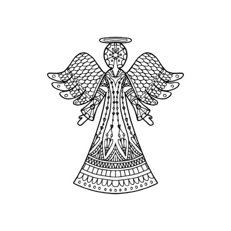 Vector illustration of patterned angel silhouette. Christmas coloring page bookのイラスト素材