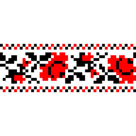 Vector seamless border with Ukrainian national ornament. Traditional black and red Ukrainian embroidery on white backgroundのイラスト素材