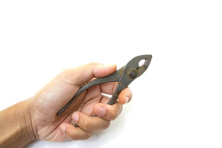 Hand and pliers isolated on white background