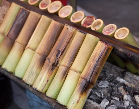 Glutinous rice roasted in bamboo jointsの写真素材