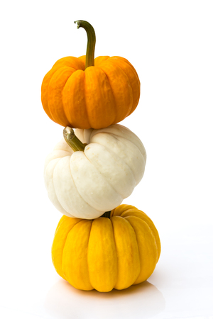 Stacked of pumpkins isolated on white backgroundの写真素材