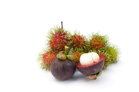 Rambutan and mangosteen on white backgroundの写真素材
