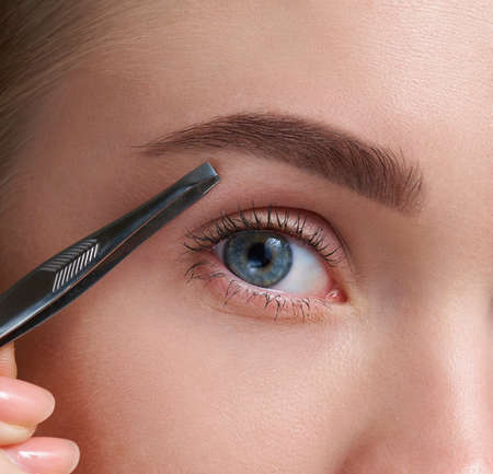 Eyebrows Care. Closeup Of Woman Beautiful Blue Eye, Perfect Shaped Brow, Long Eyelashes With...