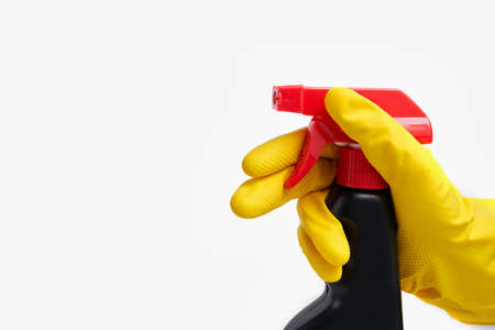 Professional cleaning equipment on white table close up. Cleaning tools company concept. Top view....