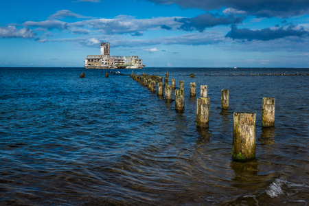 Ruins old military building (torpedownia) on Baltic Sea in Babie Doly, Gdynia, Polandの写真素材