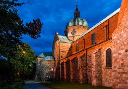 Church at night in Plock, Polandの写真素材