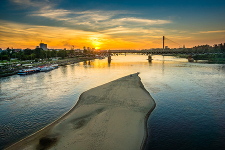 Sunset over Vistula river in Warsaw, Polandの写真素材