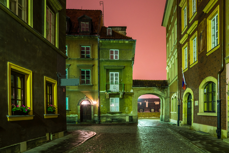 Night view at Krzywe Kolo street on old town in Warsaw, Polandの写真素材