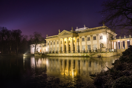 Royal Palace on the Water in Lazienki Park at night  in Warsaw, Polandの写真素材