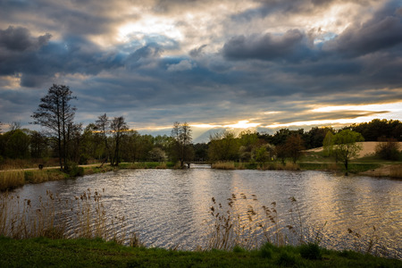 Landscape with pond in Zalesie Dolne, Polandの写真素材