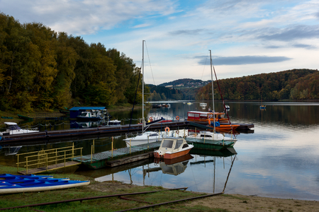 Boats on the Solina lake in Polanczyk, Bieszczady, Polandの写真素材