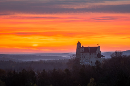 Sunrise over the castle in Bobolice, Silesia, Polandのeditorial素材