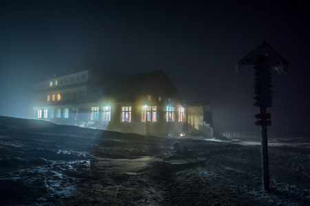 Mountain shelter Silesian House near Sniezka Mount at night in Karkonosze, Sudety, Polandのeditorial素材