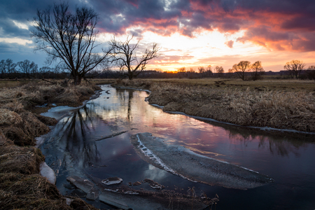 Sunset over the Jeziorka river and trees somewhere in Masovia, Polandの写真素材