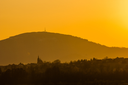 Sunset over mountains  in Beskid Slaski from Zywiec city, Polandの写真素材