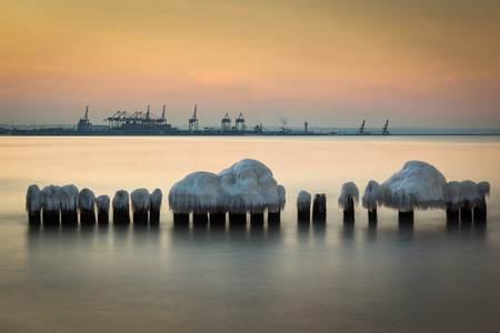 Frozen breakwaters on the Baltic sea near Gdansk, Polandの写真素材