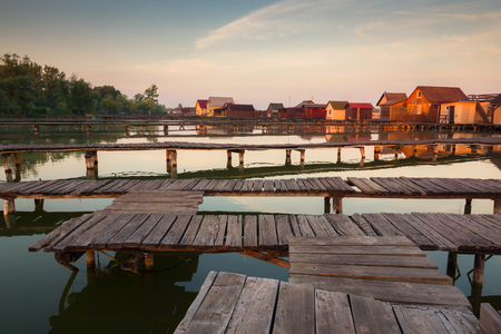 Wooden cottages on the Bokod lake in Hungaryのeditorial素材