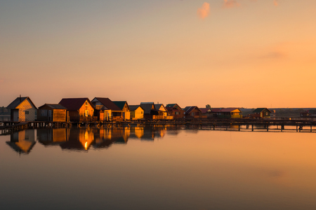 Wooden cottages on the Bokod lake in Hungaryのeditorial素材