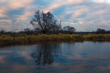 Landscape with Jeziorka river at cloudy day near Piaseczno, Masovia, Polandの写真素材
