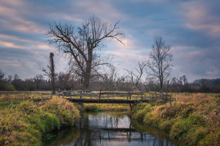 Landscape with Jeziorka river at cloudy day near Piaseczno, Masovia, Polandの写真素材