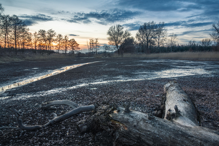Dusk over the pond near Piaseczno, Masovia, Polandの写真素材