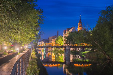 Panorama old town at night in Opole, Opolskie, Polandの写真素材