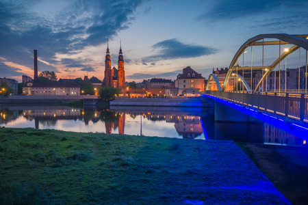Panorama old town at night in Opole, Opolskie, Polandの写真素材