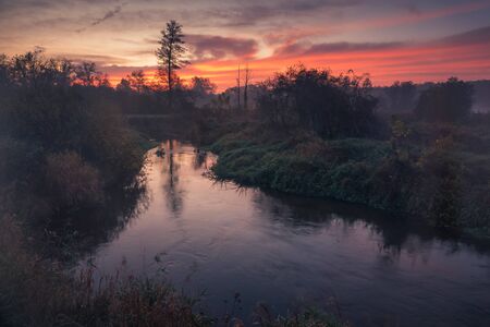 Dawn on a foggy day in the Jeziorka valley near Piaeczno, Poland