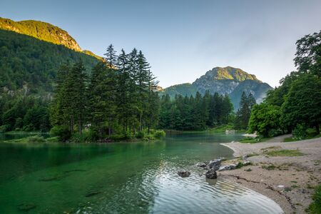 Lago del Predil mountain lake near Cave del Predil, Italyの写真素材