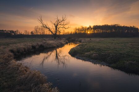 Sunrise over the river, Piaseczno, Polandの写真素材