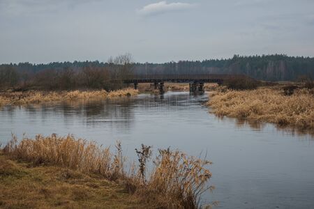 Wooden bridge over the Pilica river near Przedborz, Lodzkie, Polandの写真素材