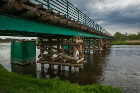 Longest wooden bridge over the Pilica river in Gostomia, Polandの写真素材